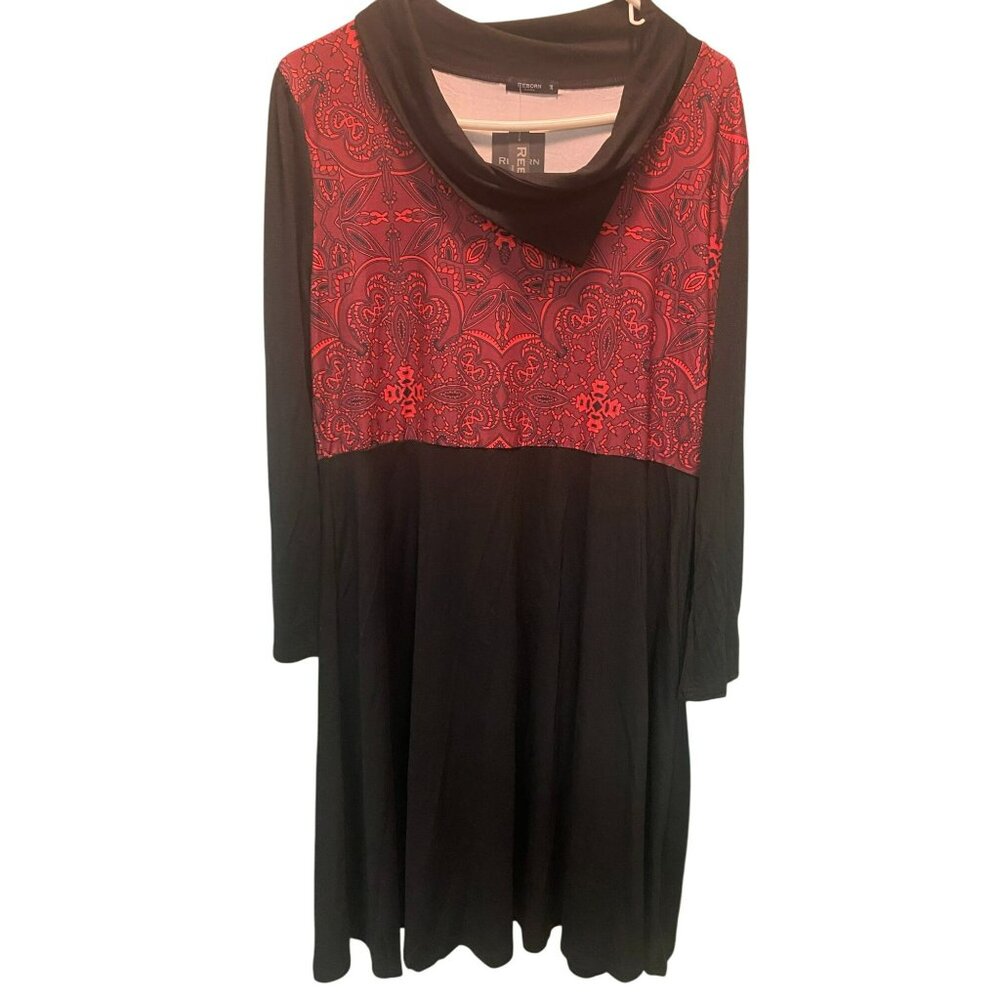 Reborn New York Womens 1X Plus Black & Red Long Sleeve Dress Tunic With Paisley